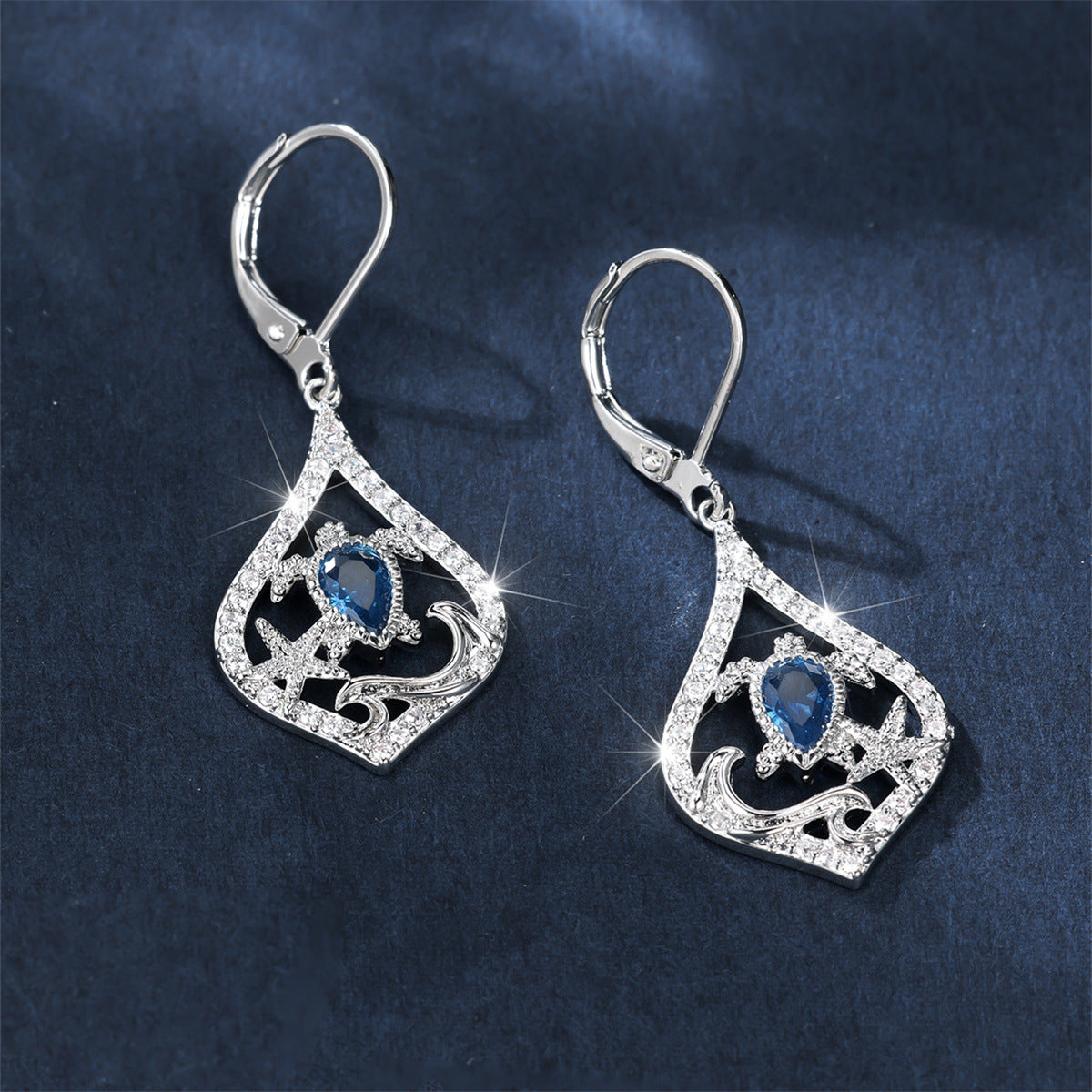 Blue Diamond Teardrop Turtle Earrings