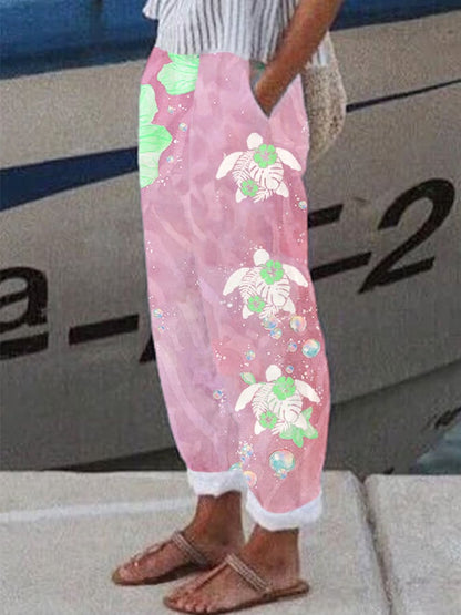 Women's Maui Hibiscus Turtle Print Casual Cotton & Linen Lounge Pants