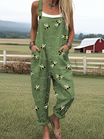 Women's Flying Bees Embroidery Pattern Casual Cotton Wide Leg Jumpsuit
