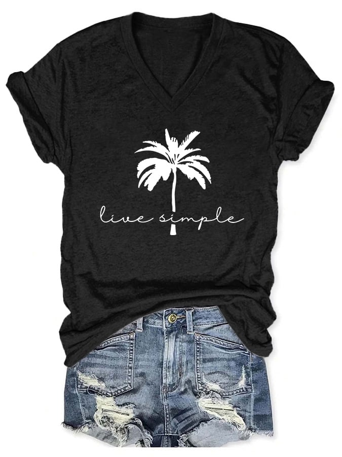 V-neck Beach Trip Palm Tree Live Simple Print T-Shirt
