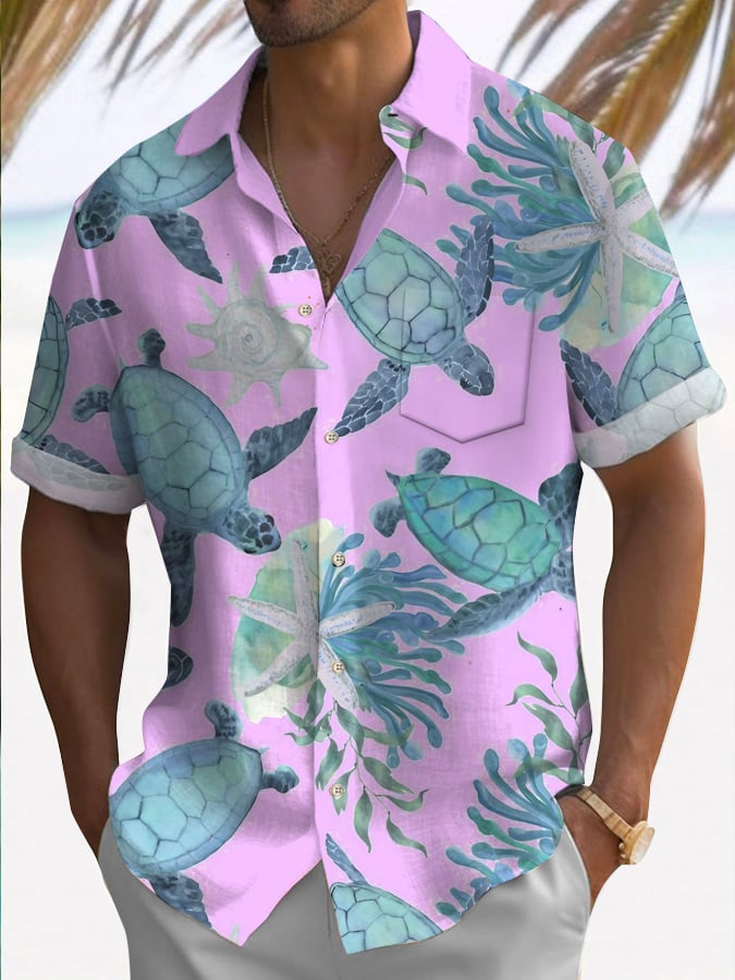 🔥Buy 3 Get 10% Off🔥Men's Hawaiian Turtle Print Casual Short Sleeve Shirt (With Pockets)