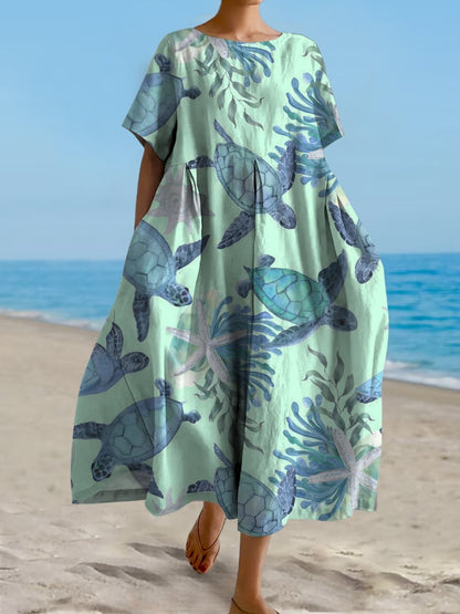 Women's Hawaiian Turtle Print Casual Resort Dress (With Pockets)