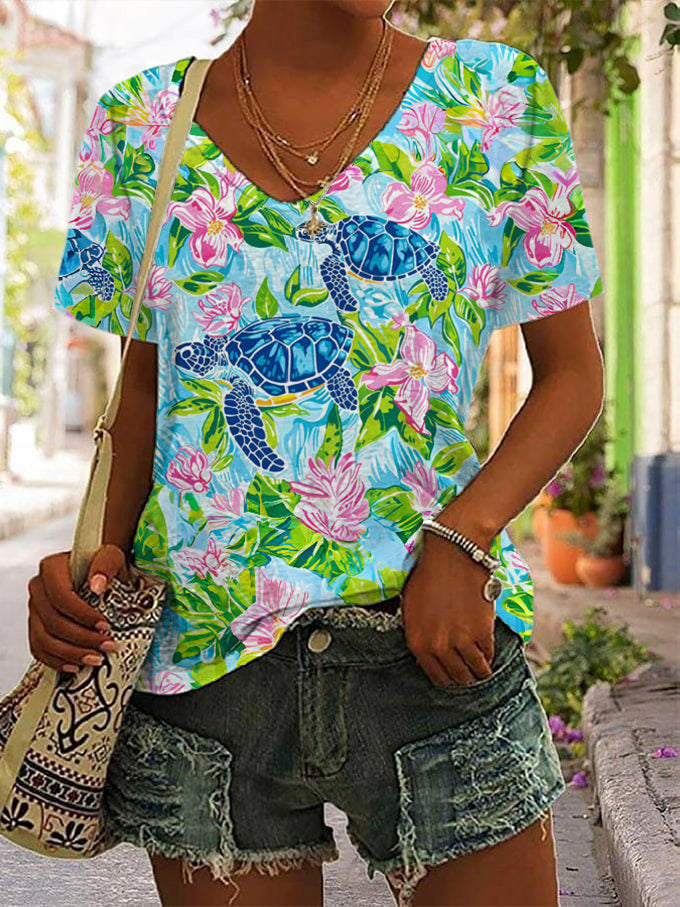Women's Hawaiian Turtle Print Casual V-Neck T-Shirt