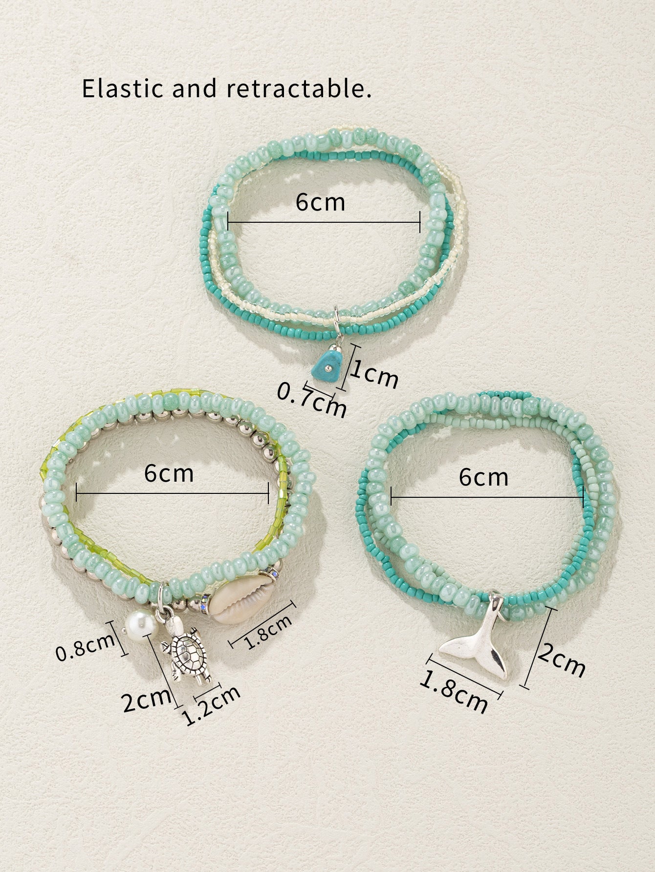 Ocean Style Small Whale Turtle Pendant Glass Beads Multilayer Shell Stacking Bracelet