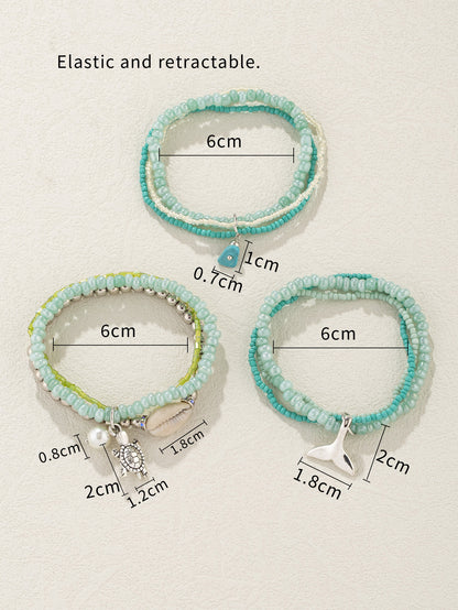 Ocean Style Small Whale Turtle Pendant Glass Beads Multilayer Shell Stacking Bracelet