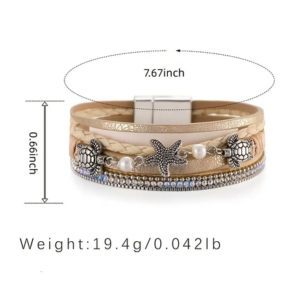 Starfish Magnetic Clasp Bangle Bracelet PU Leather Inlaid Shiny Rhinestones Multilayer Braided Hand Jewelry For Women Holiday Style