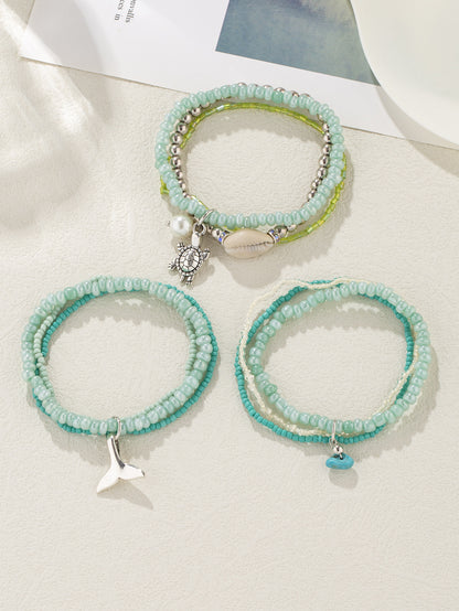 Ocean Style Small Whale Turtle Pendant Glass Beads Multilayer Shell Stacking Bracelet
