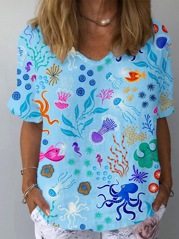 Women's Funny Ocean Octopus Art Print  Pattern Cotton And Linen Short Sleeve Top