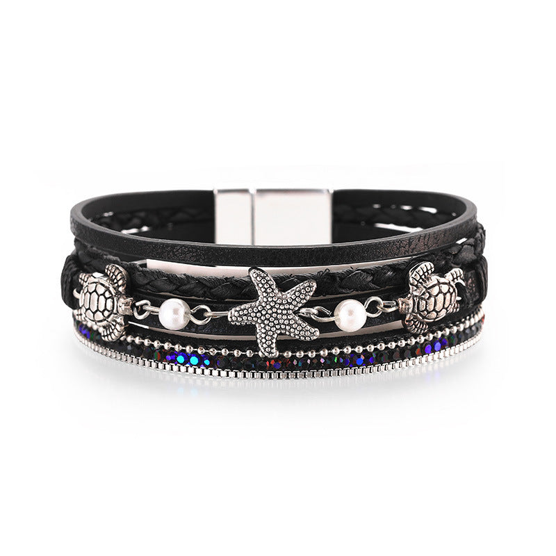 Starfish Magnetic Clasp Bangle Bracelet PU Leather Inlaid Shiny Rhinestones Multilayer Braided Hand Jewelry For Women Holiday Style