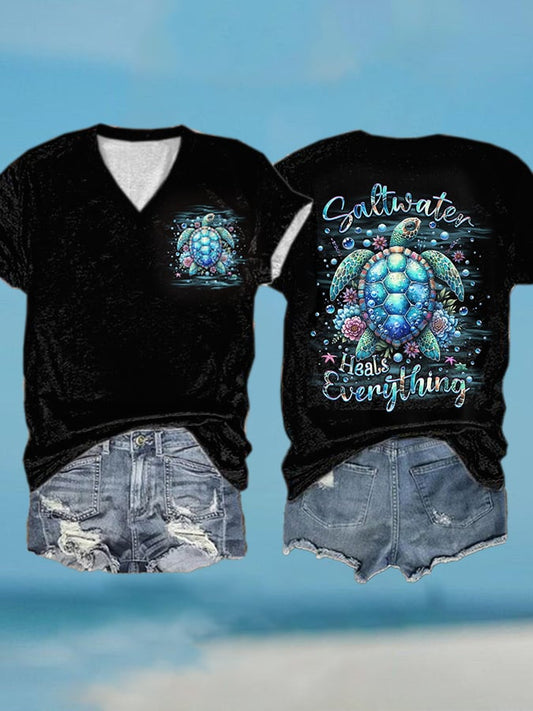 V-Neck Beach Vacation Sea Turtle Saltwater Heals Everything Print T-Shirt