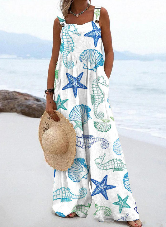 Women's Resort Style Ocean Sea Star Split Joint Square Collar Beach Linen Fabric Jumpsuits